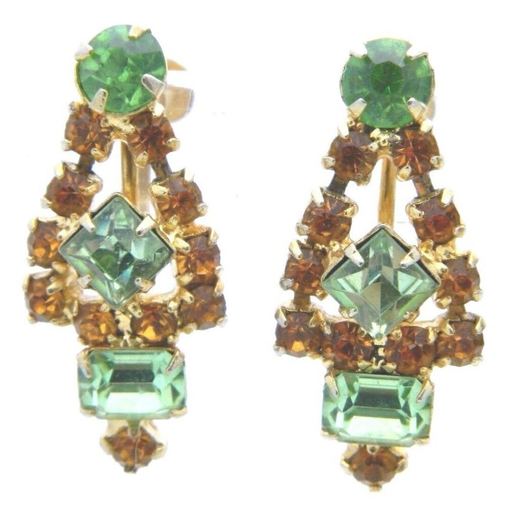 Gold Tone Green Orange Rhinestone Earrings